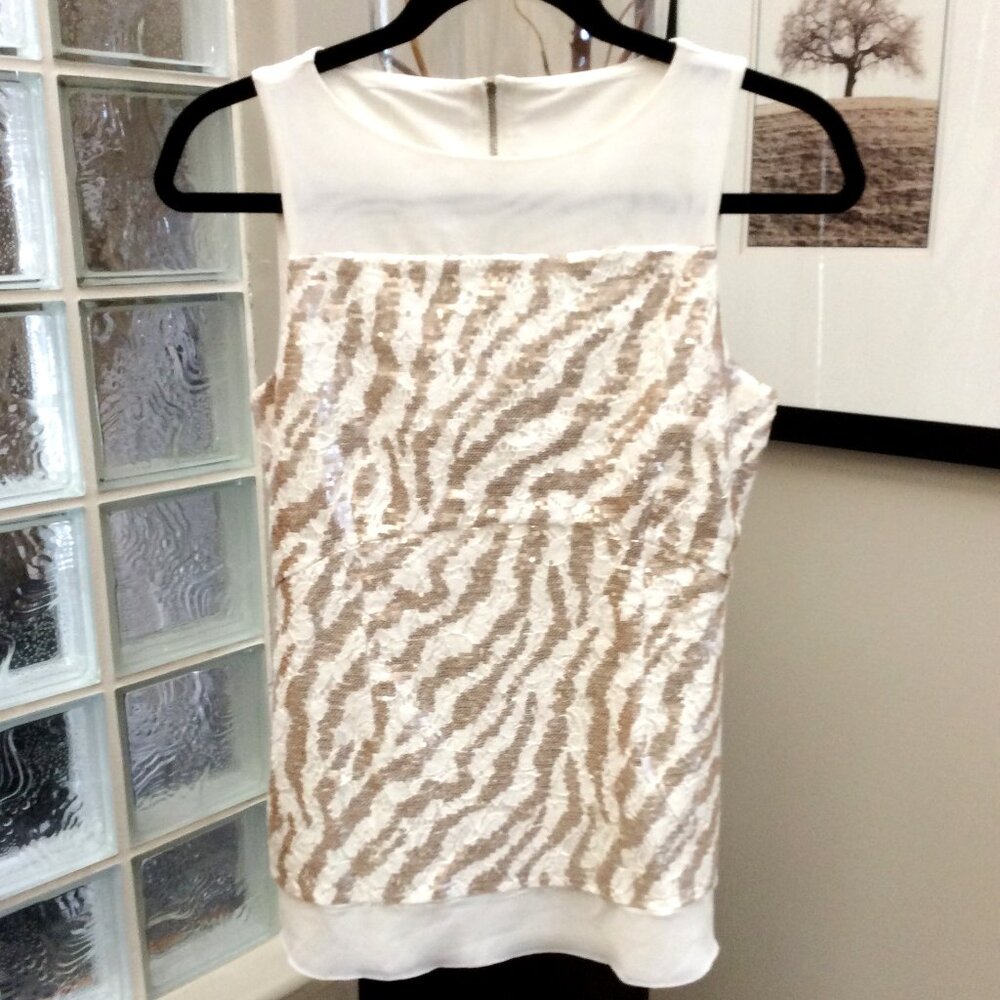 BEBE Sequin Mesh Lace Lined Sleeveless Top. Size S. Cream and Rose Gold